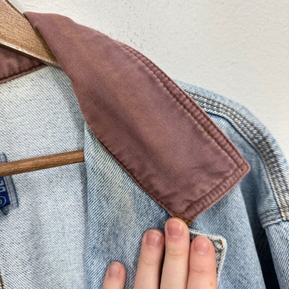 Vintage 90s Women's‎ Size XL Denim Trench Chore Coat Light Wash Contrast Collar - Picture 9 of 10
